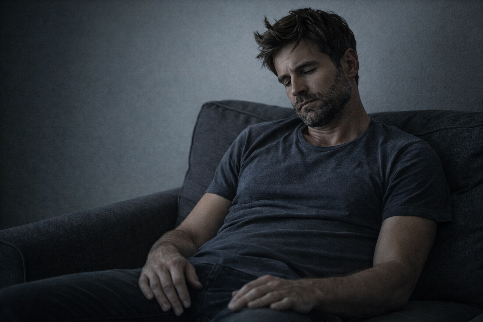 Man looking tired and depleted, reflecting low energy and declining drive