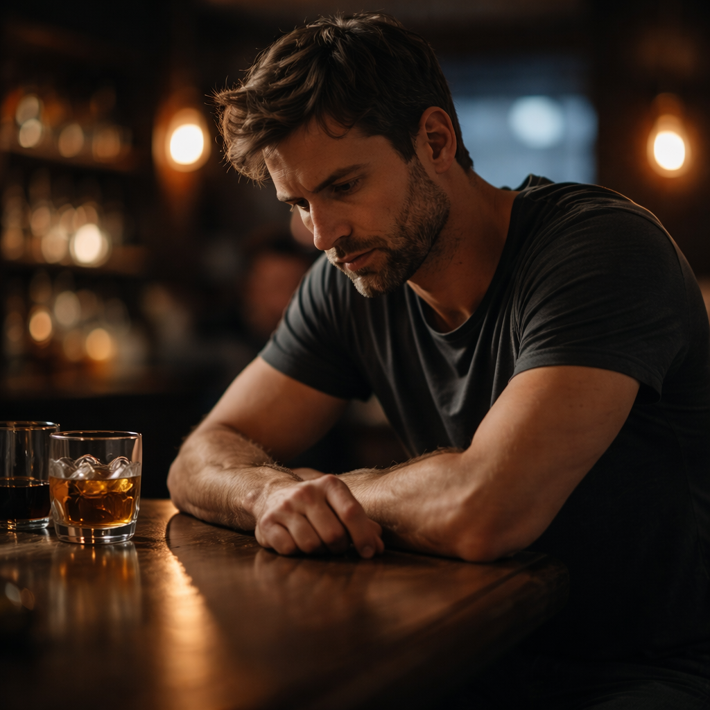 Man sitting alone on bed looking defeated and disconnected