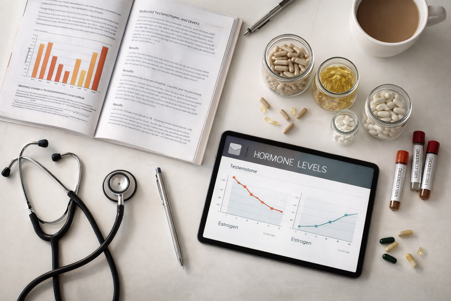 Research desk with medical papers and natural men's health supplements