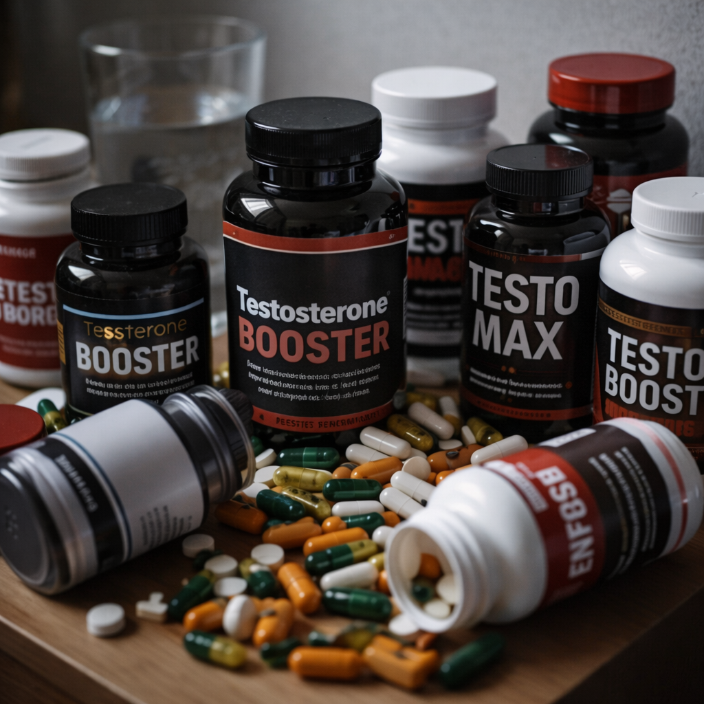 Bedside table cluttered with testosterone supplements that have not worked